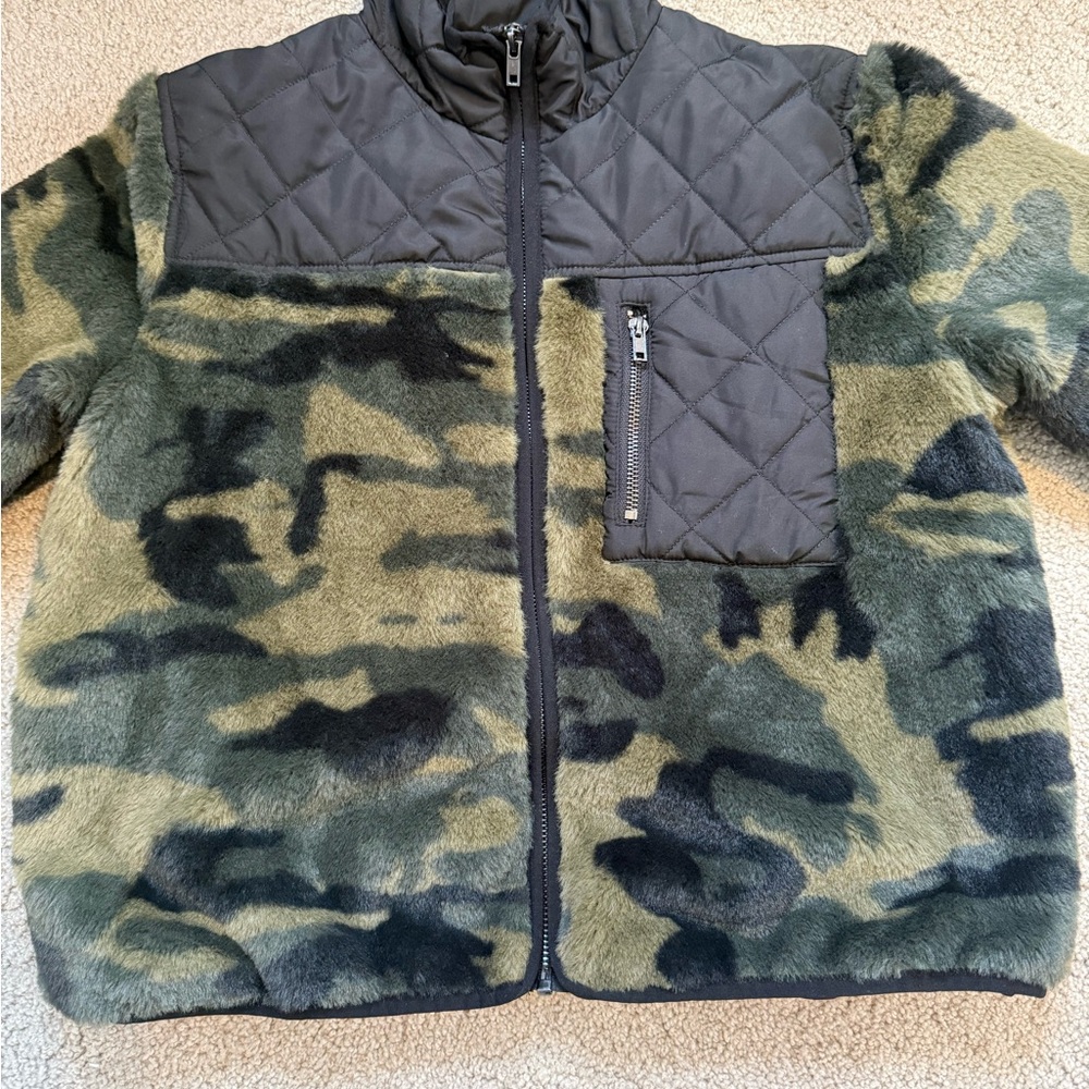 Elodie Green and Black Camouflage Faux Fur Jacket